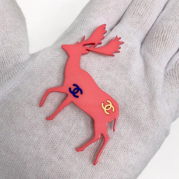 CHANEL CC Logos Pink Reindeer Brooch Silver Tone Pin 01A Auth #0327 - Picture 6 of 8